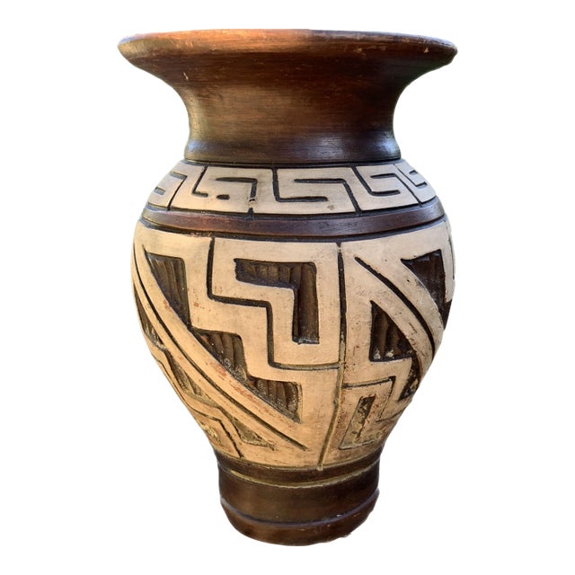 Vintage Brown White Southwestern Design Pottery Unsigned For Sale