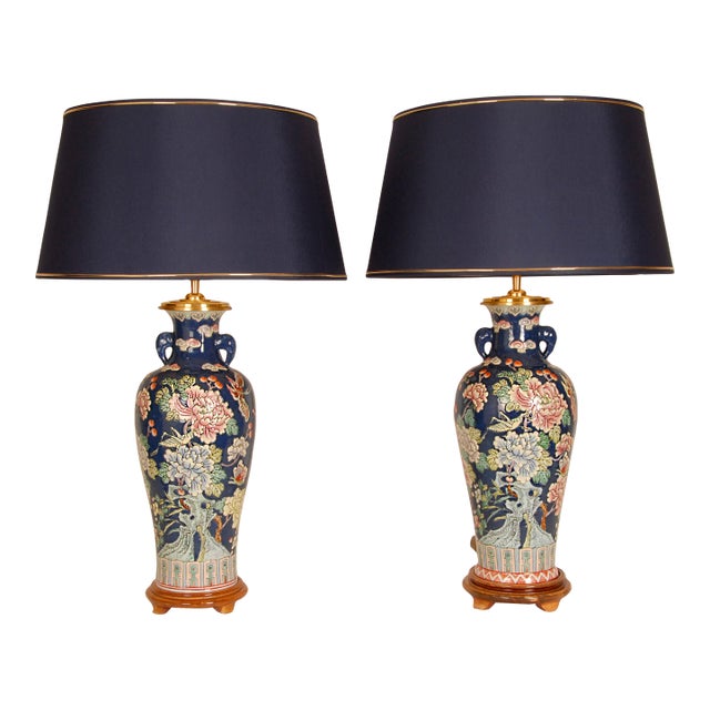 Famille Rose Vase Lamps Chinese Porcelain Blue Fond Oriental Table Lamps - A Pair For Sale