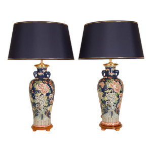 Famille Rose Vase Lamps Chinese Porcelain Blue Fond Oriental Table Lamps - A Pair