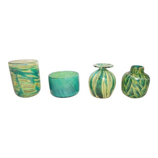 1960s Mdina Glass Vases and Bowl From Malta in Green and Blue Glass - Set of 4 For Sale