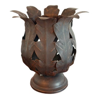 Vintage Hollywood Regency Style Metal Leaf Cachepot Planter/Pillar Candle Holder For Sale