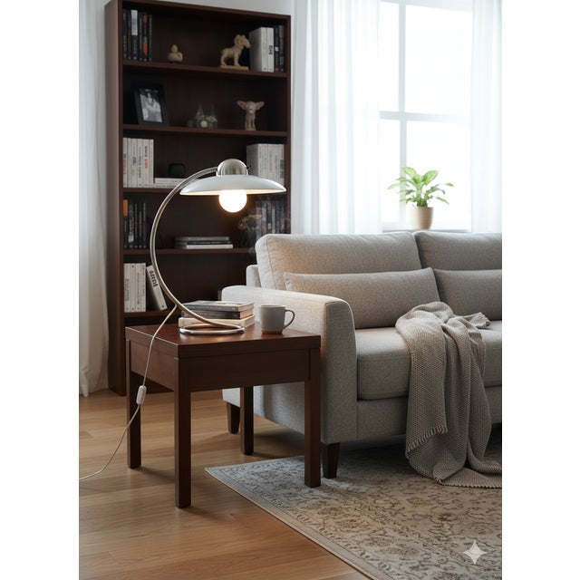 Nickel-plated brass tube with glass shade, made in Germany. Height: 48 cm Diameter of the foot: 20 cm This piece is...