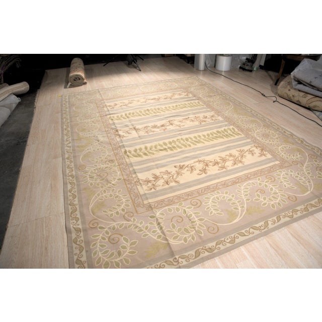 French 9x12 Vintage Aubusson Flat Weave Wool Rug, Lilac Grey Fern and Vine Stripe For Sale - Image 3 of 16