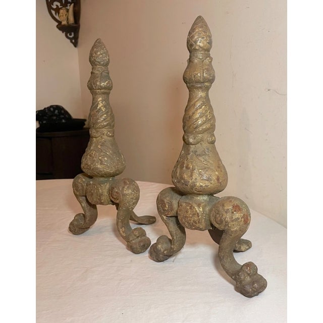 Figurative Pair Antique Ornate 19th Century Solid Cast Iron Claw Fireplace Andirons Set For Sale - Image 3 of 13