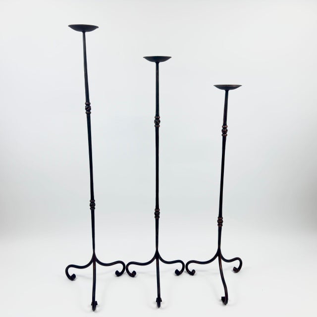 Metal Hand Forged Iron Candelabra Set of 3 (90-110cm) Antique Copper Finish Slender Stem with French Scroll Base For Sale - Image 7 of 7