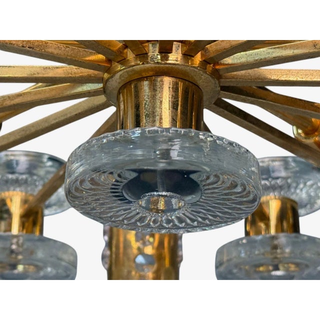 Orrefors, Scandinavian Modern, Brass, Glass, Chandelier, Sweden, 1960s For Sale - Image 9 of 10