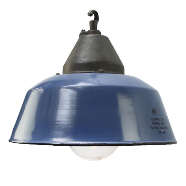 Vintage Industrial Blue Enamel and Cast Iron Pendant Lamp For Sale