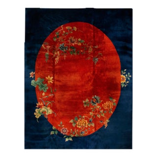 Luxurious and Rich Red and Blue Color Antique 1920s Minimalist Floral Pattern Chinese Art Deco Carpet For Sale