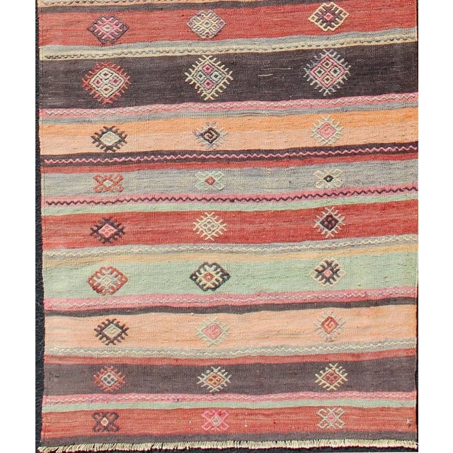Turkish Colorful Vintage Embroidered Kilim Runner With Stripe's and Geometric Prints For Sale - Image 3 of 13