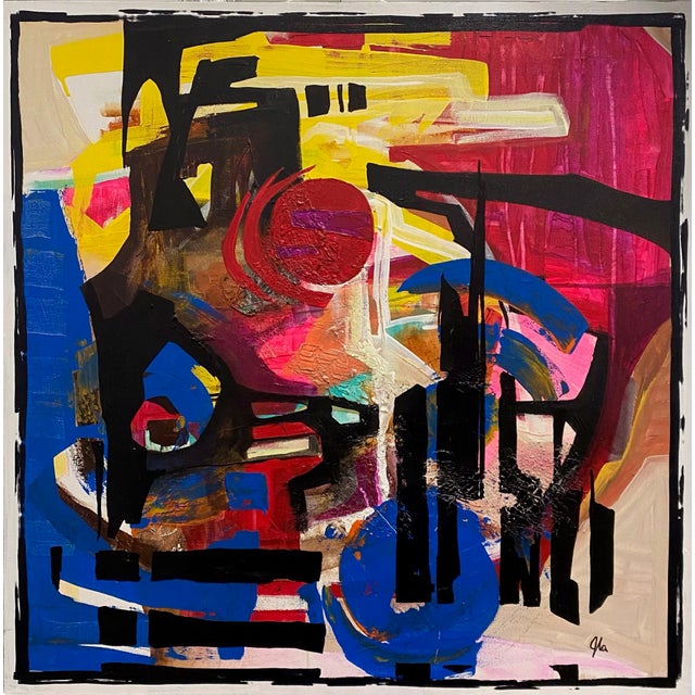This mixed media artwork presents a dynamic interplay of bold colors and abstract forms, creating a vibrant visual rhythm....