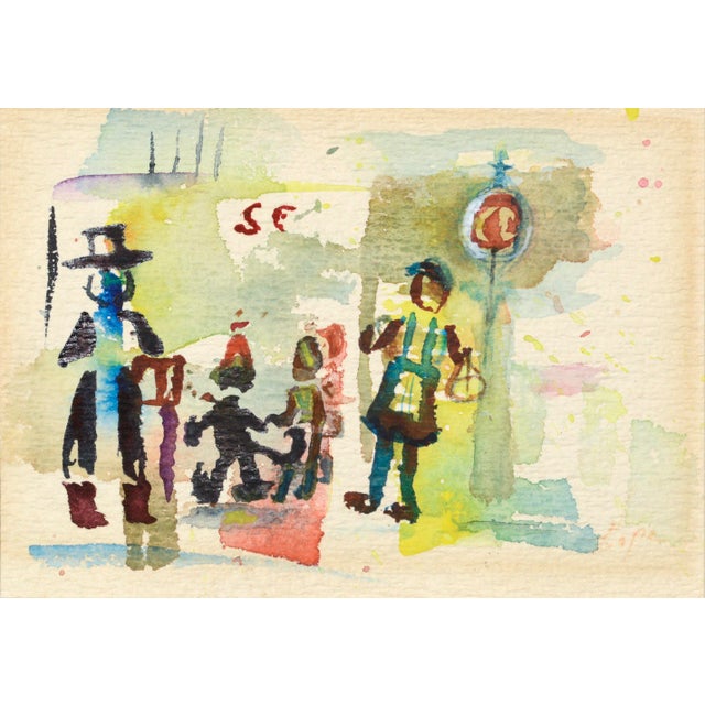 Brightly colored watercolor of a street performer by Hope Tepley (American, 1919-2010). Signed "Tepley" in the lower right...