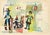 Brightly colored watercolor of a street performer by Hope Tepley (American, 1919-2010). Signed "Tepley" in the lower right...