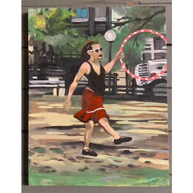 Figurative Vintage 80's Original Painting Fun Girl With Hula Hoop For Sale - Image 3 of 3