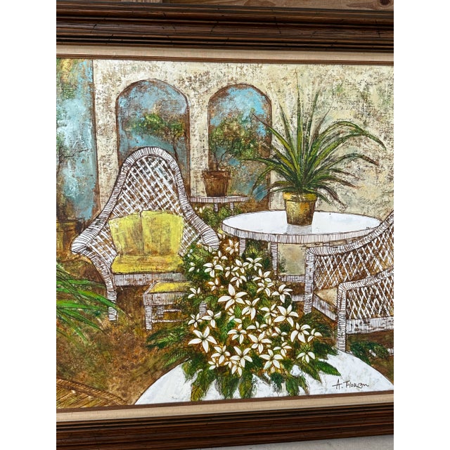 Gorgeous vintage still life Veranda oil painting in a dark wood frame signed. Vibrant beautiful colors with wicker chairs,...