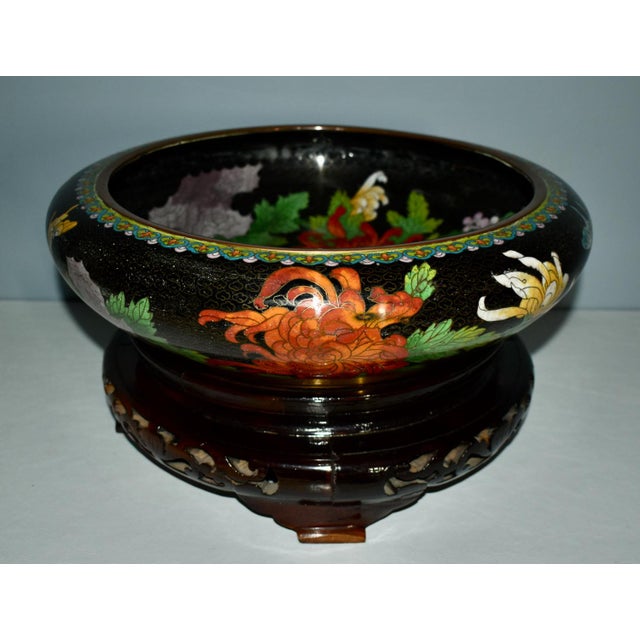 Chinese Antique Large Cloisonne Bowl W/Carved Wood Base For Sale - Image 3 of 13