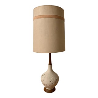 1960s Mid Century Teak and Ceramic Table Lamp With Original Shade For Sale