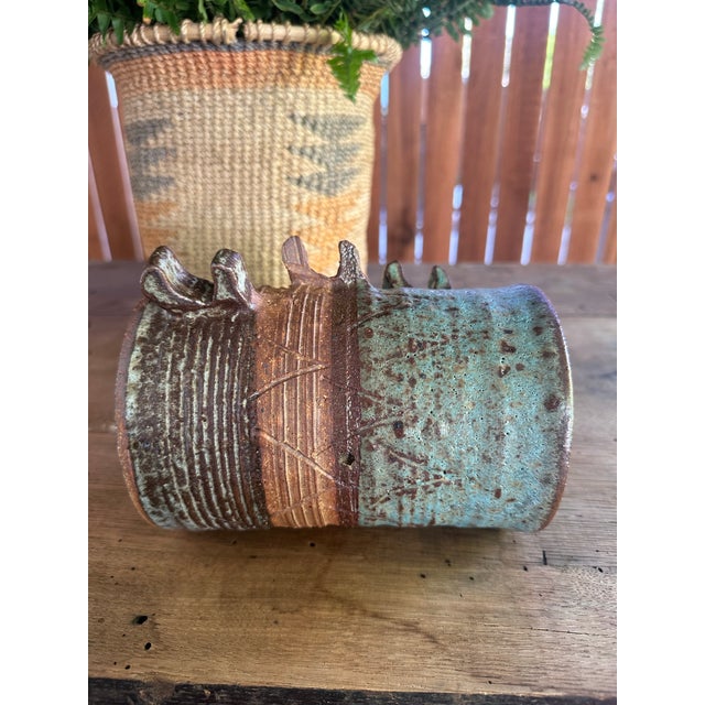 Handbuilt Textured Ceramic Vase: Green Brown Glaze Studio Pottery Sculpture For Sale In Denver - Image 6 of 12