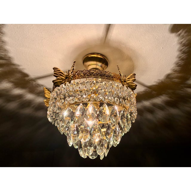 Arts & Crafts Vintage Brass Butterfly Flush Mount Light, Vintage Hand-Painted Light Green Crystal Basket Chandelier, Dramatic Radial Shadow Display For Sale - Image 3 of 15