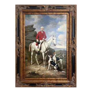 Jordan Original Oil Painting, English Fox Hunt Scene With Rider, Horses & Hounds For Sale