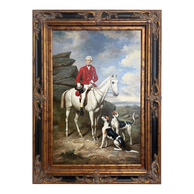 Jordan Original Oil Painting, English Fox Hunt Scene With Rider, Horses & Hounds For Sale
