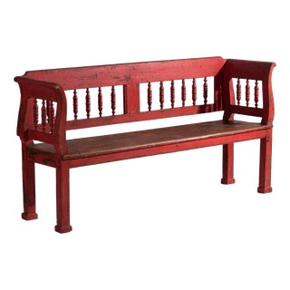 Antique Painted Pine Bench with Turned Back, Central Europe, 1900 For Sale