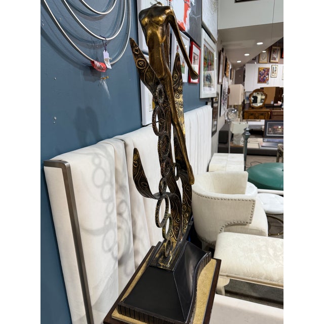 Art Deco Gold Tone Steel "Floating Woman" Statue With Pedestal For Sale - Image 3 of 5