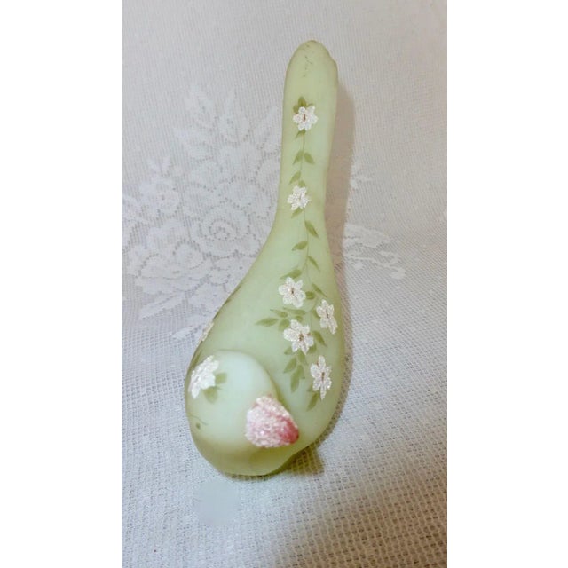 Art Nouveau Vintage Mid 20th Century Fenton "Happiness Bird" Green Custard Satin Glass Glitter Pink Flowers Signed by B. Montgomery For Sale - Image 3 of 9