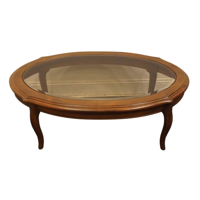 French Country Ethan Allen Chateau Normandy Solid Knotty Pine 48" Oval Coffee Table W. Beveled Amber Glass Top 17-8010 For Sale - Image 3 of 9
