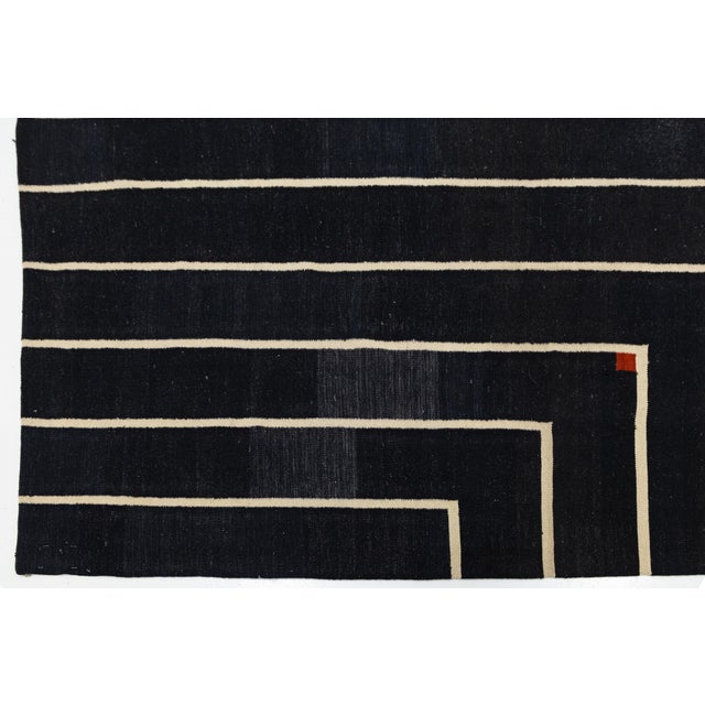 Modern Geometric Kilim Wool Rug With Architectural Line Art & Crimson Accents For Sale - Image 12 of 12