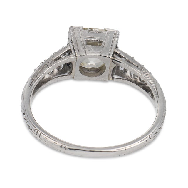 1930s Art Deco Gia 1.35 Carat Old Mine Cut Diamond Platinum Engagement Ring, Size 5 For Sale In Los Angeles - Image 6 of 8