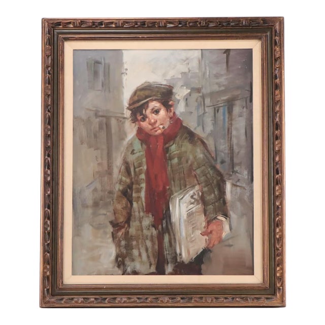 Mid 20th Century Portrait of Young City Newsboy in Winter Oil on Canvas Framed For Sale