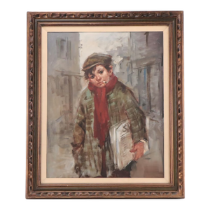 Mid 20th Century Portrait of Young City Newsboy in Winter Oil on Canvas Framed