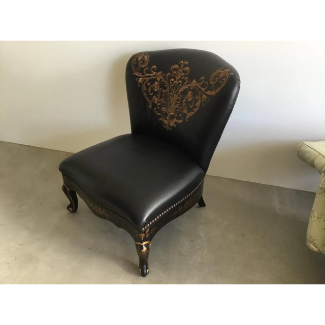 Chinoiserie Florio Collection Black Leather Chair with Embroidery and Hand Painted Chinoiserie For Sale - Image 3 of 10