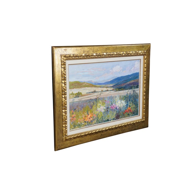 A very large vintage impressionist oil painting by Rosa Canto featuring a desert landscape of rolling hills and vibrant...