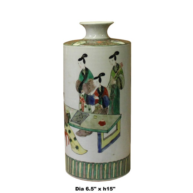 This is an oriental Chinese vase with a white base and oriental ladies courthouse gathering scenery graphics. The...