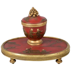 Antique Red Lacquered Chinoiserie and Bronze Inkstand