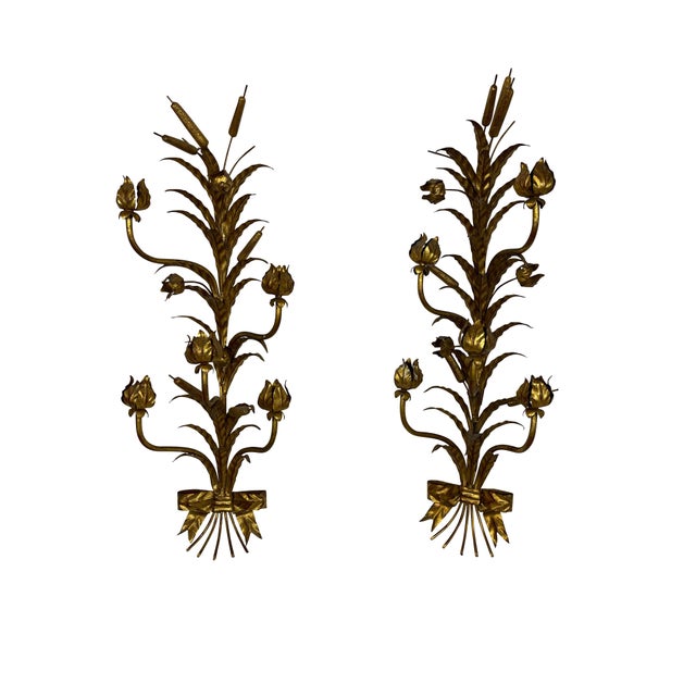 Decorative Italian Gilt Metal Candle Sconces Bulrush Motif - A Pair For Sale - Image 10 of 13