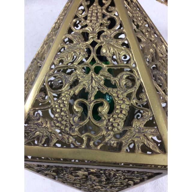 Hollywood Regency Octagonal Brass Filigree Hanging Lamp on Brass Link Chains For Sale - Image 11 of 12