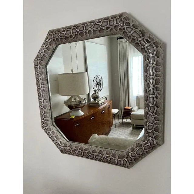 Mid-Century Modern Python Upholstered Wall Mirror, Detachable Chrome Detail For Sale - Image 3 of 12