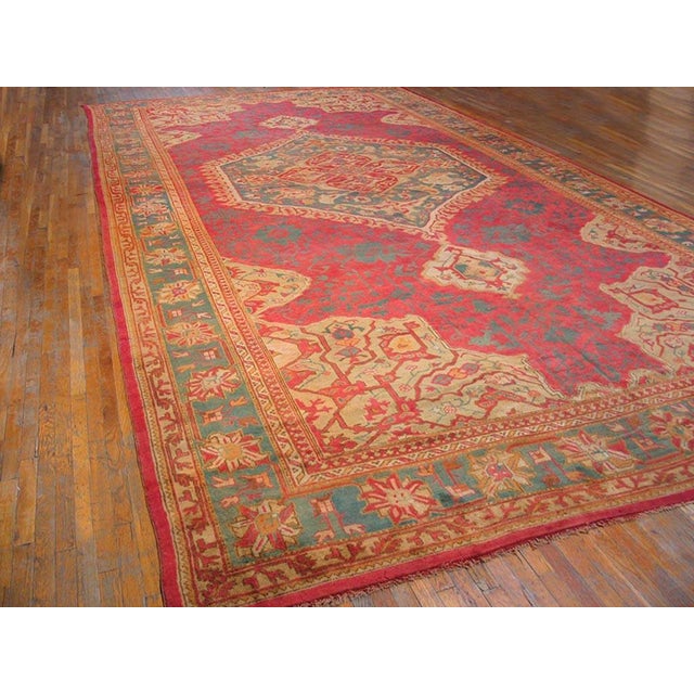 Tribal 1930s Red-Green Medallion Antique Turkish Oushak Rug 12' X 23' Handknotted Wool Carpet For Sale - Image 3 of 7