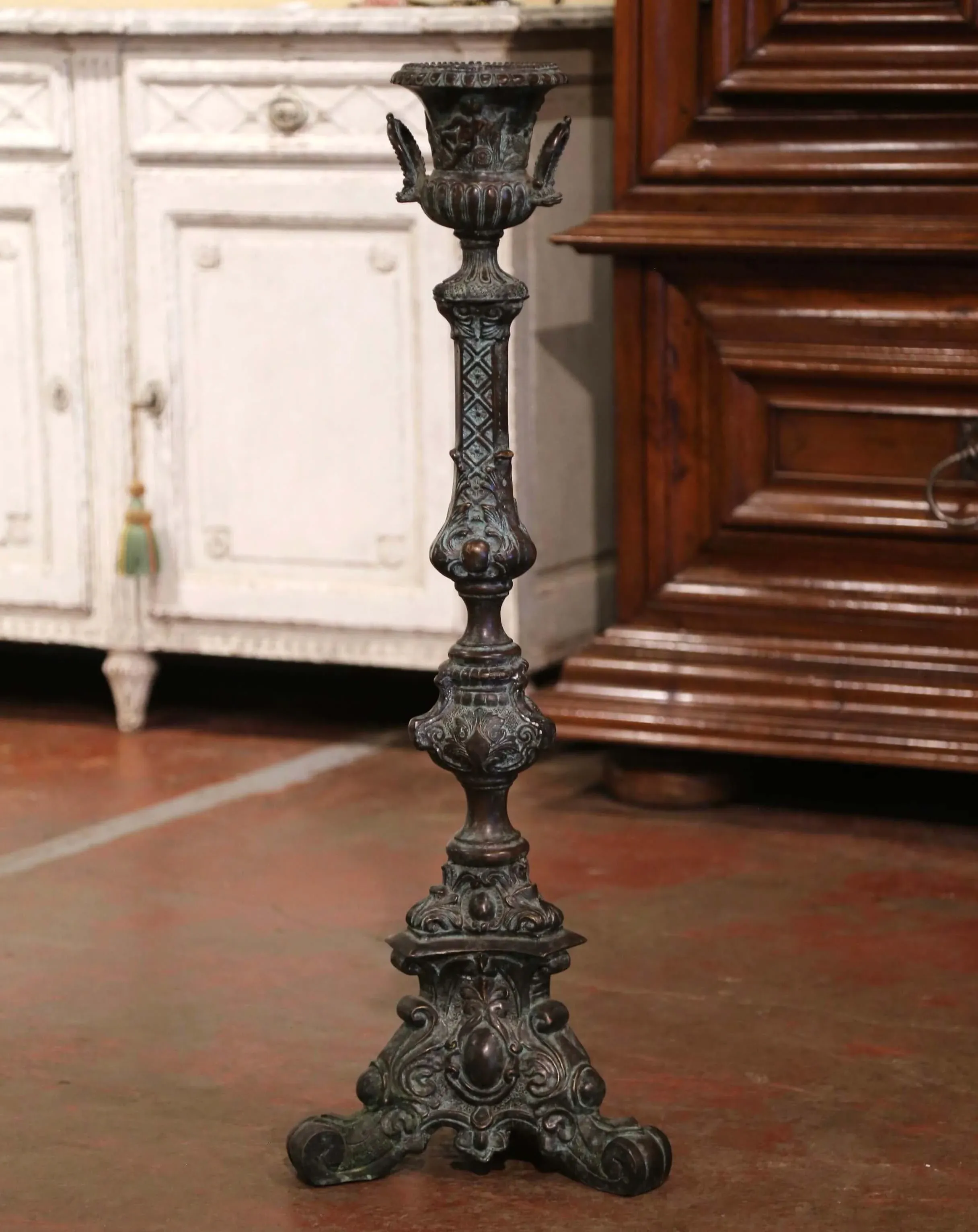 Mid-Century French Louis XV Patinated Verdigris Bronze Candle