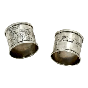 Antique American Sterling Silver 25 Year Wedding Aniversary 1889 - 1914 Napkin Rings for Michael & Nora