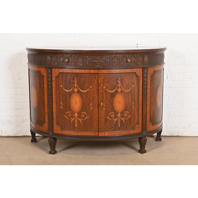 Baker Furniture French Regency Louis XVI Mahogany and Inlaid Marquetry Demilune Console or Bar Cabinet, Circa 1960s For Sale - Image 12 of 12