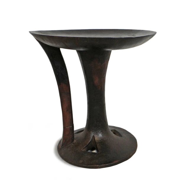 Vintage carved wood Naga serving bowl / stool. Elegant hand carved modern design with rich aged ebony / espresso finish.