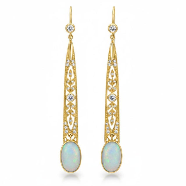 Metal Art Nouveau Opal Drop Earrings Silver, Gold, A Pair For Sale - Image 7 of 8