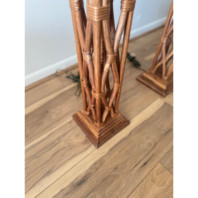 Wood Late 20th Century Tall McGuire Style Rattan Lattice Floor Lamps - a Pair For Sale - Image 7 of 12