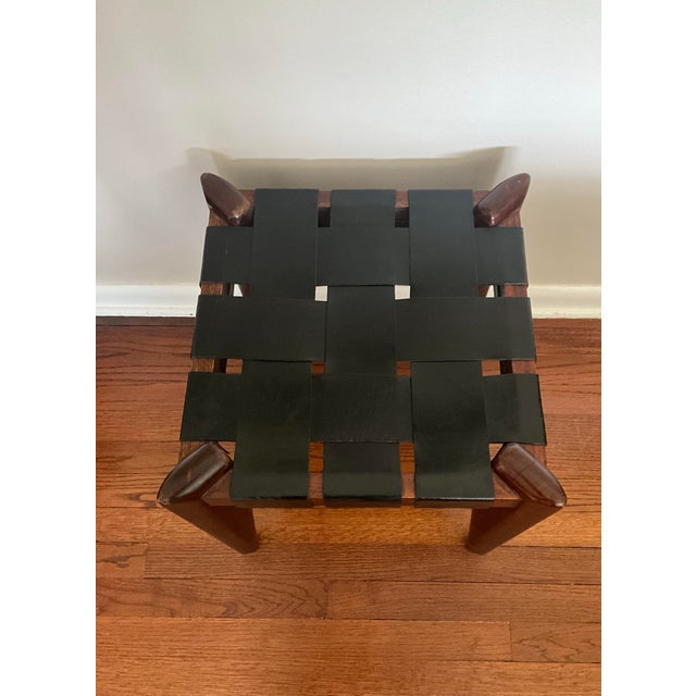 Mid-Century Modern Attributed Edmond J Spence Midcentury MCM Teak and Leather Stool Ottoman For Sale - Image 3 of 10