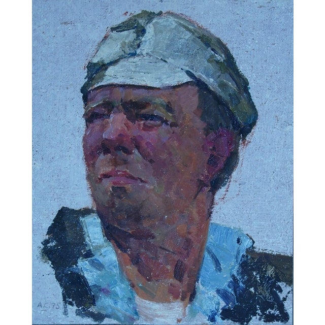 Soviet Man Portrait, Original Oil Painting, Ukrainian Artist, 1970s 30-24 For Sale