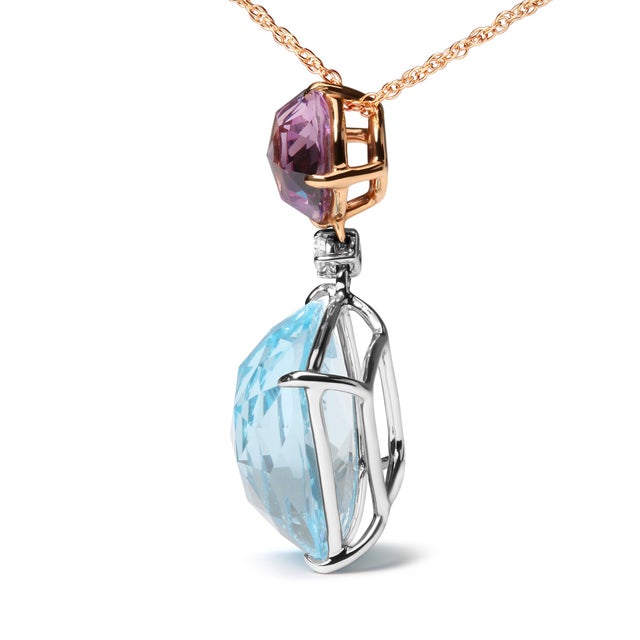 Contemporary 18K White and Rose Gold Round Diamond Accent and Round Rose De France Pink Amethyst and Cushion Cut Sky Blue Topaz Dangle Drop 18" Pendant Necklace For Sale - Image 3 of 5