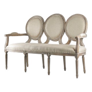 Medallion Louie Bench with Nailheads in Natural Hemp Linen with Weathered Gray Frame For Sale